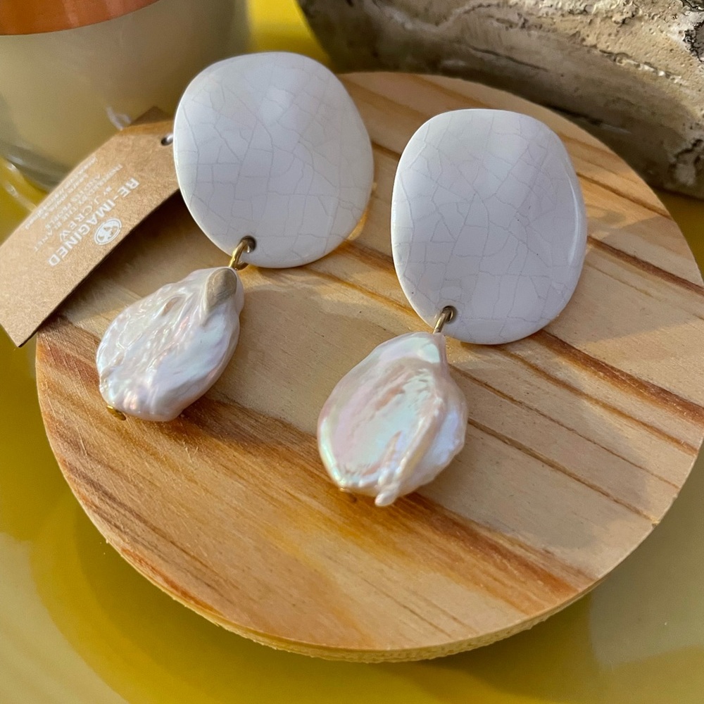 J.CREW Freshwater Pearl Disc Drop Earrings NWT White